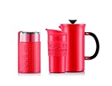 Bodum SET K11352-04EURO Cafetière-Kaffeebereiter 8 tassen/1.0l, Reisebecher und Kaffeemühle Rot