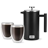 GAVO French Press Kaffeebereiter 340 ml mit einem Set von 2 doppelwandigen Isolierglas 340 ml – Teepresse…